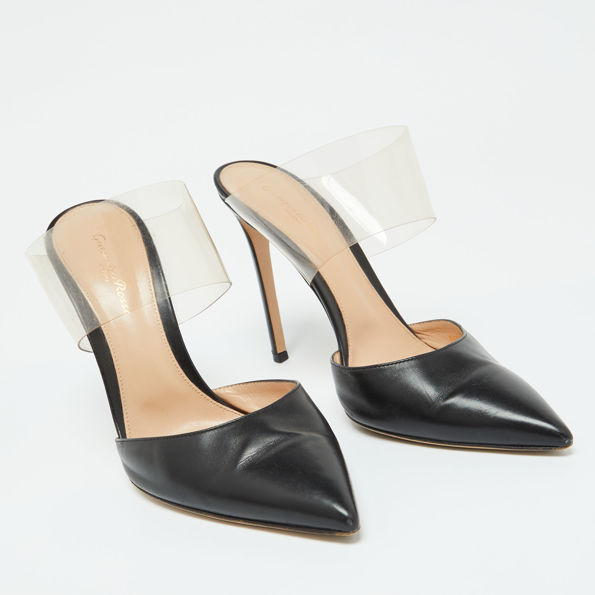 Gianvito Rossi Black Leather And PVC Plexi Pointed Toe Mules Size 41