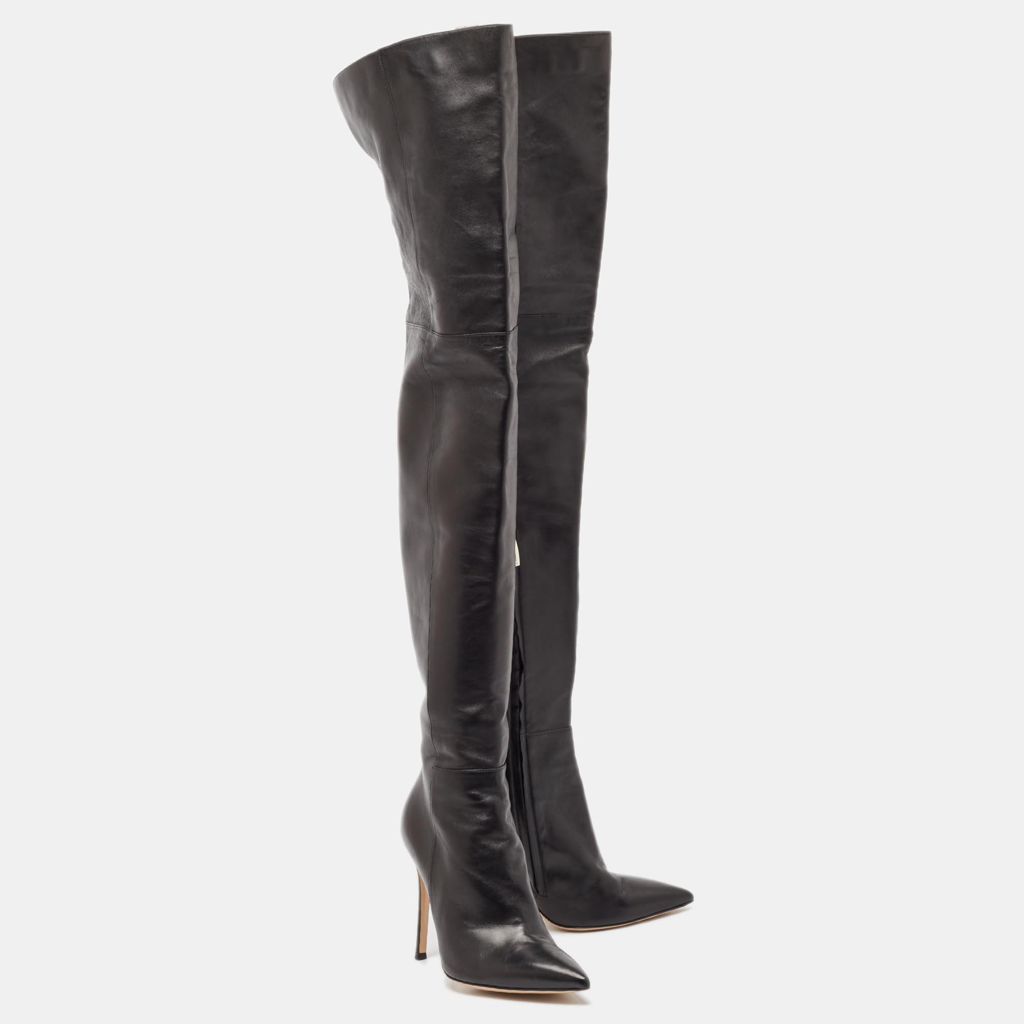 Gianvito Rossi Black Patent Leather Pointed-Toe Over The Knee Boots Size 38