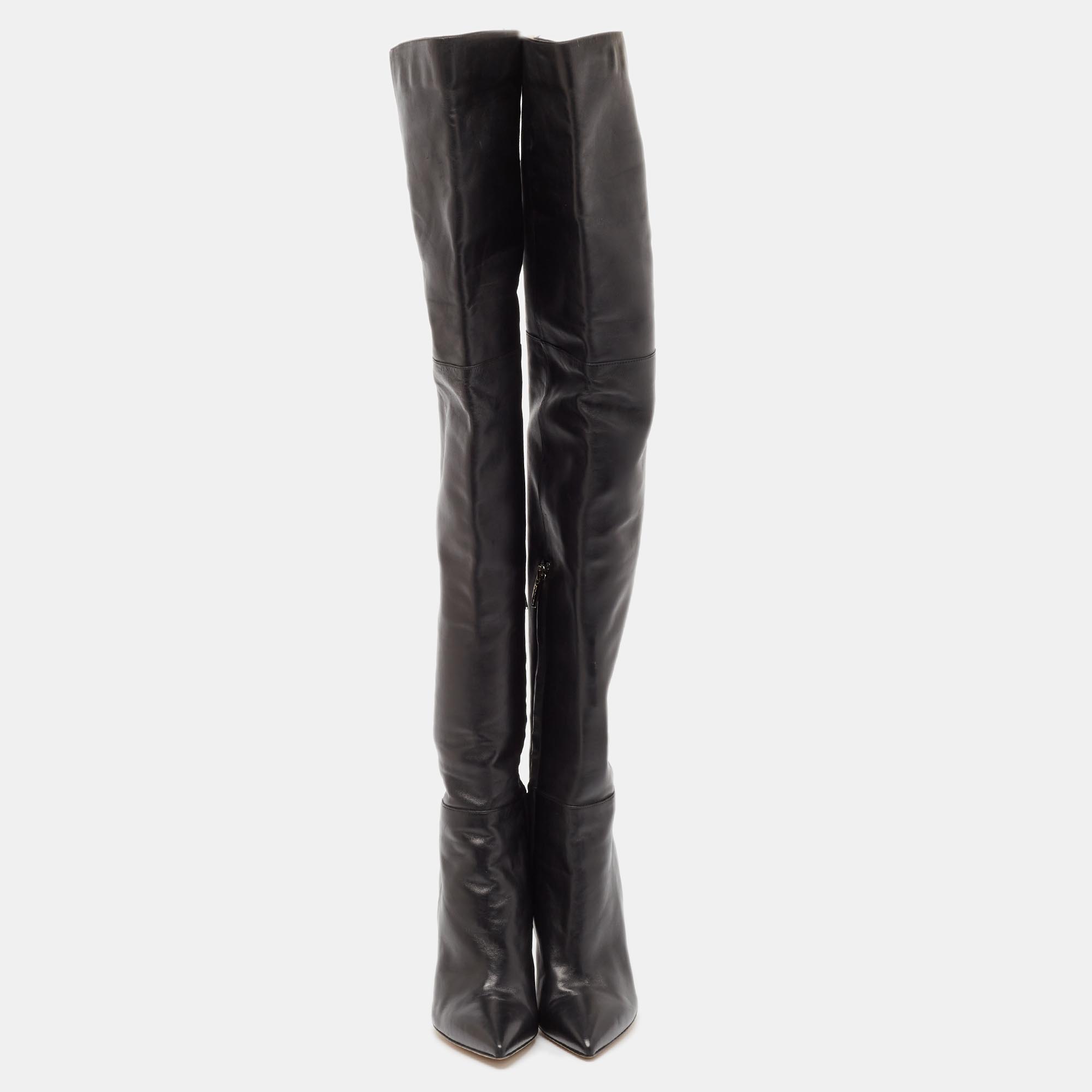 Gianvito Rossi Black Patent Leather Pointed-Toe Over The Knee Boots Size 38