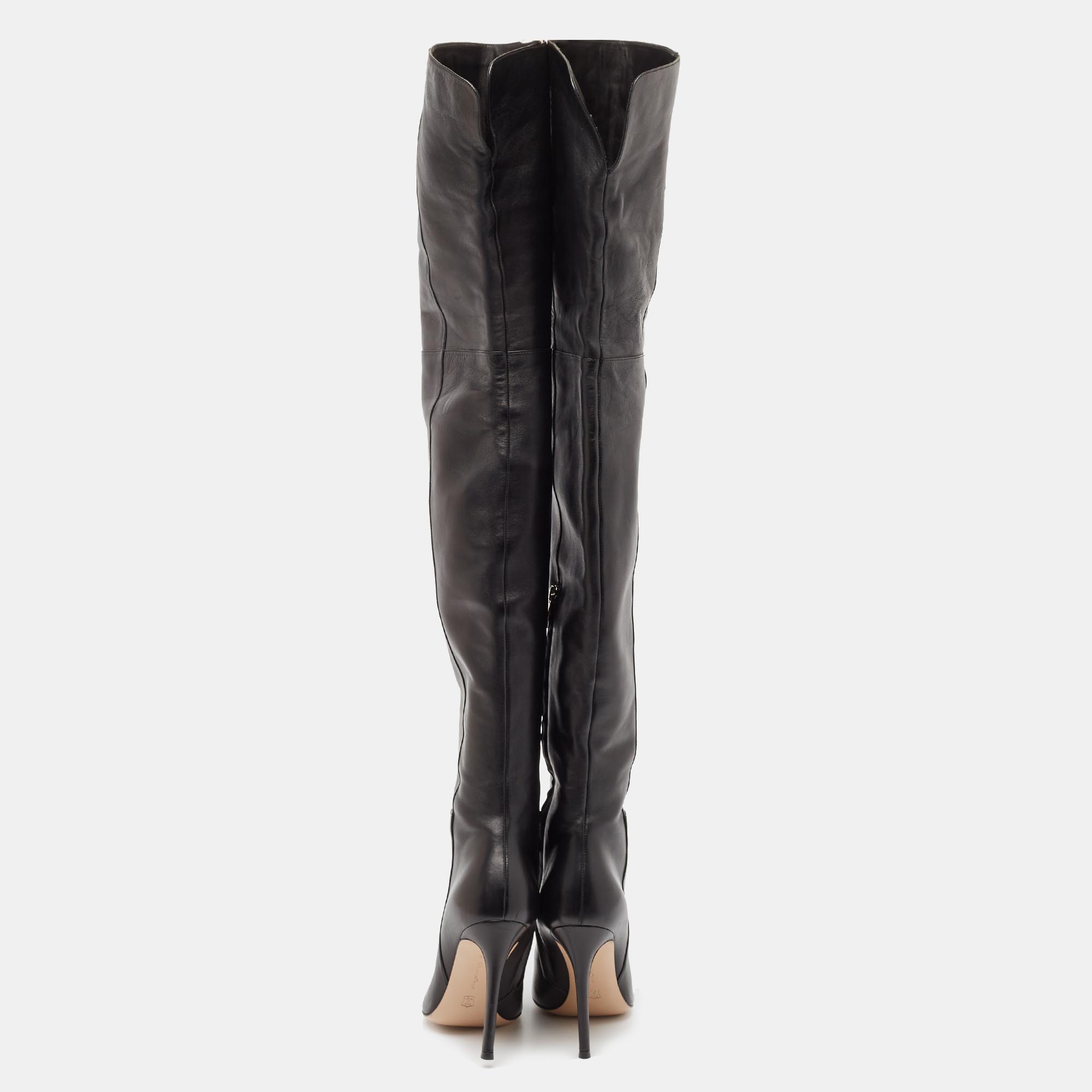 Gianvito Rossi Black Patent Leather Pointed-Toe Over The Knee Boots Size 38