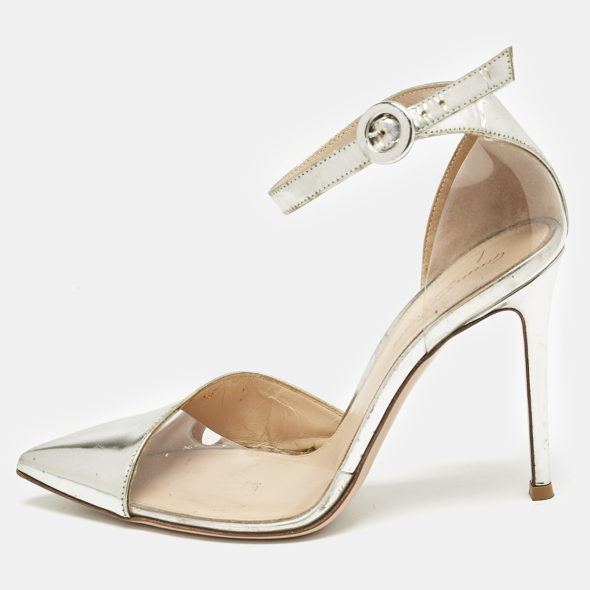 Gianvito Rossi Silver Leather and PVC Anise Pointed Toe Ankle Strap Pumps Size
Gianvito Rossi Silver Leather and PVC Anise Pointed Toe Ankle Strap Pumps Size