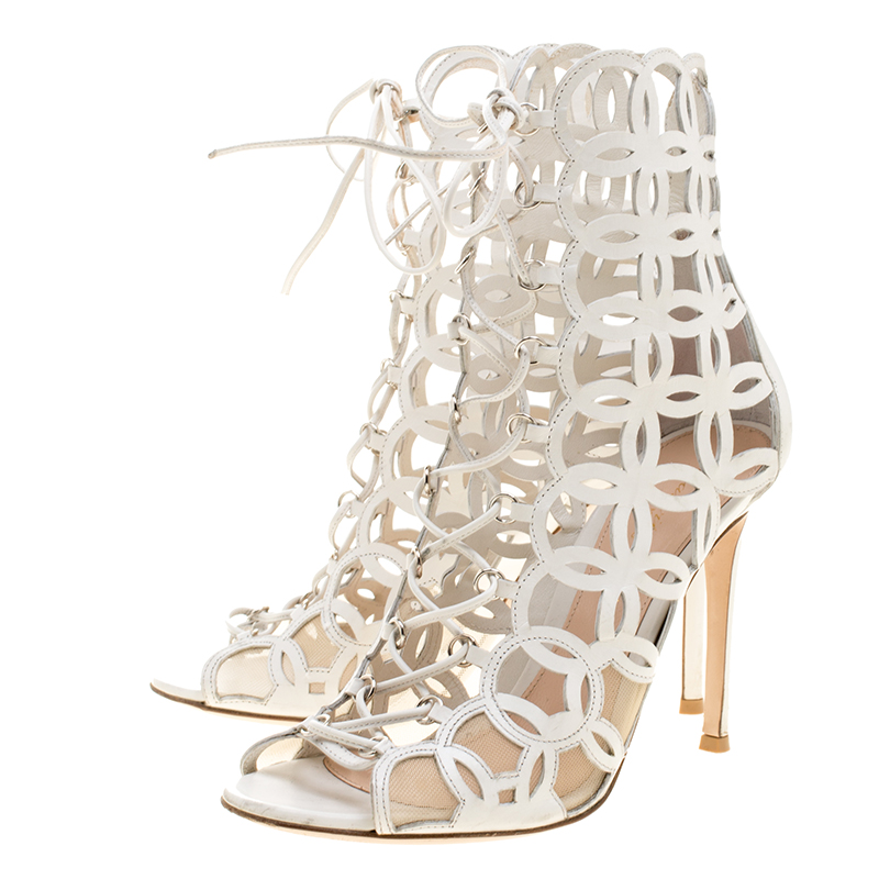 Gianvito Rossi White Cutout Leather Lace Up Peep Toe Sandals Size 37