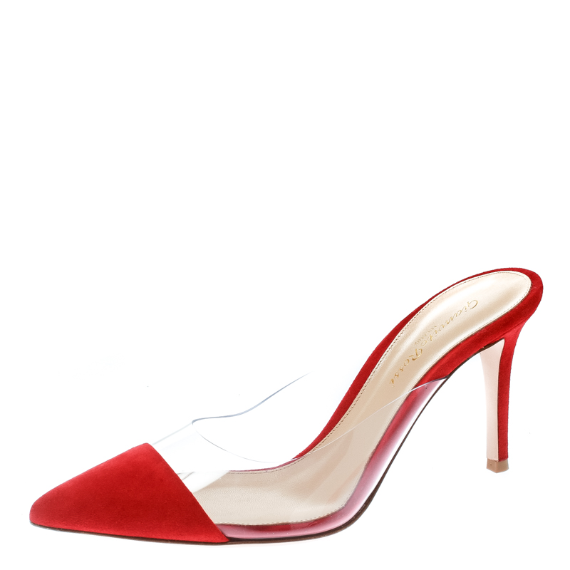 Image of Gianvito Rossi Red Suede and PVC Plexi Pointed Toe Mule Sandals Size .