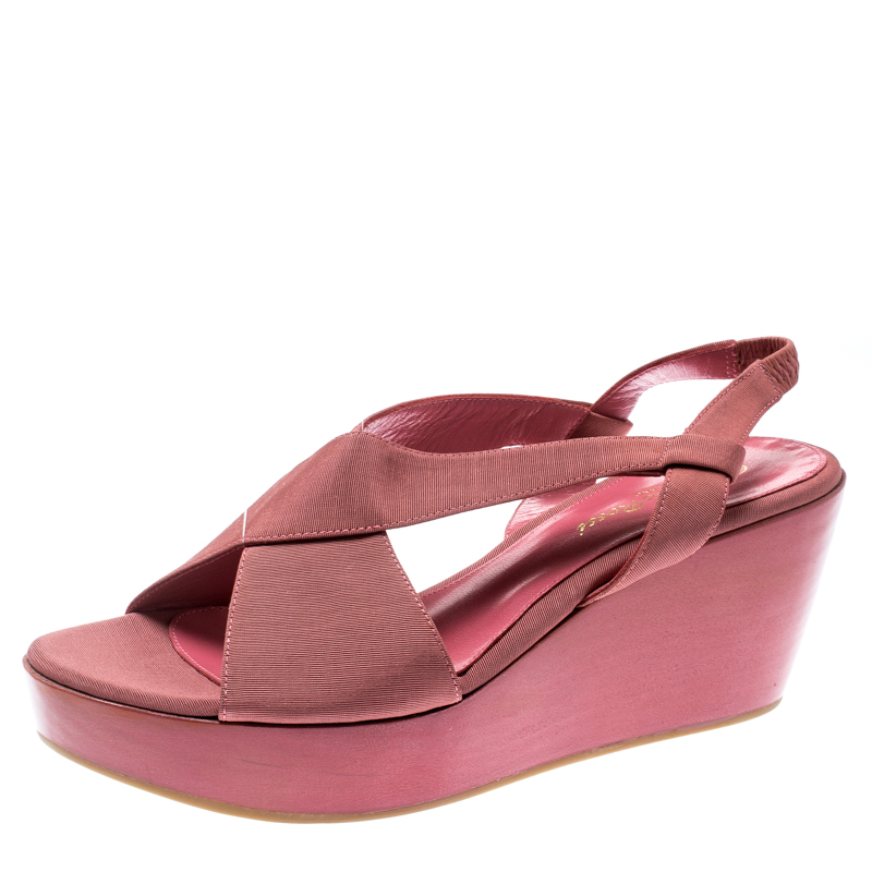 Image of Gianvito Rossi Pink Canvas Wedge Cross Strap Sandals Size