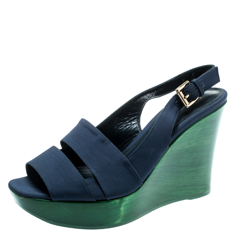 Image of Gianvito Rossi Blue Fabric Backstrap Open Toe Wedge Sandals Size