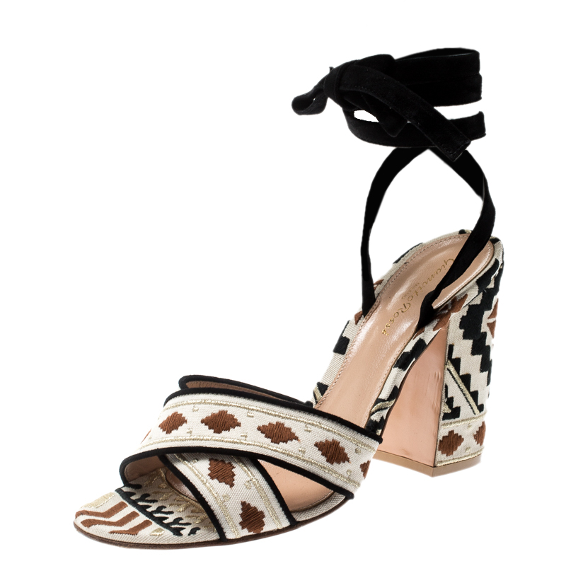 Gianvito rossi multicolor embroidered canvas and suede cheyenne ankle wrap sandals 39.5
