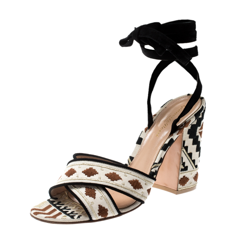 Gianvito Rossi Multicolor Embroidered Canvas And Suede Cheyenne Ankle Wrap Sandals 39.5