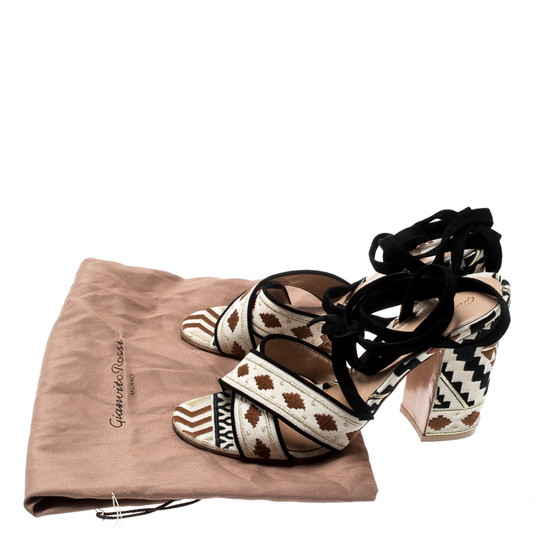 Gianvito Rossi Multicolor Embroidered Canvas And Suede Cheyenne Ankle Wrap Sandals 39.5