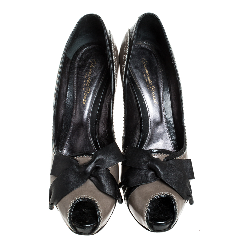 Gianvito Rossi Grey/Black Leather Bow Peep Toe Platform Pumps Size 40