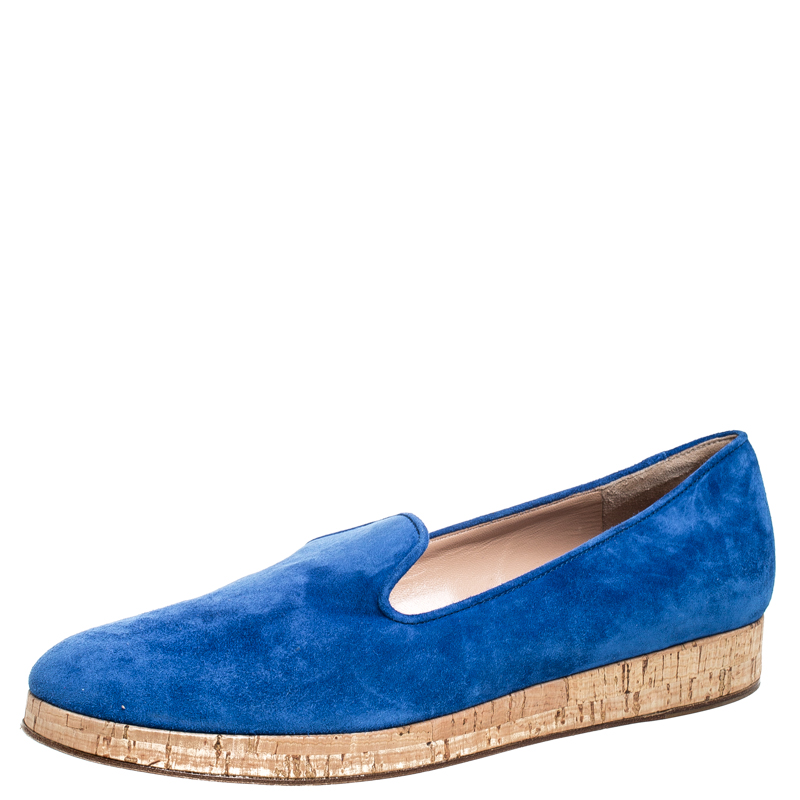 Image of Gianvito Rossi Blue Suede Cork Platform Flat Loafers Size