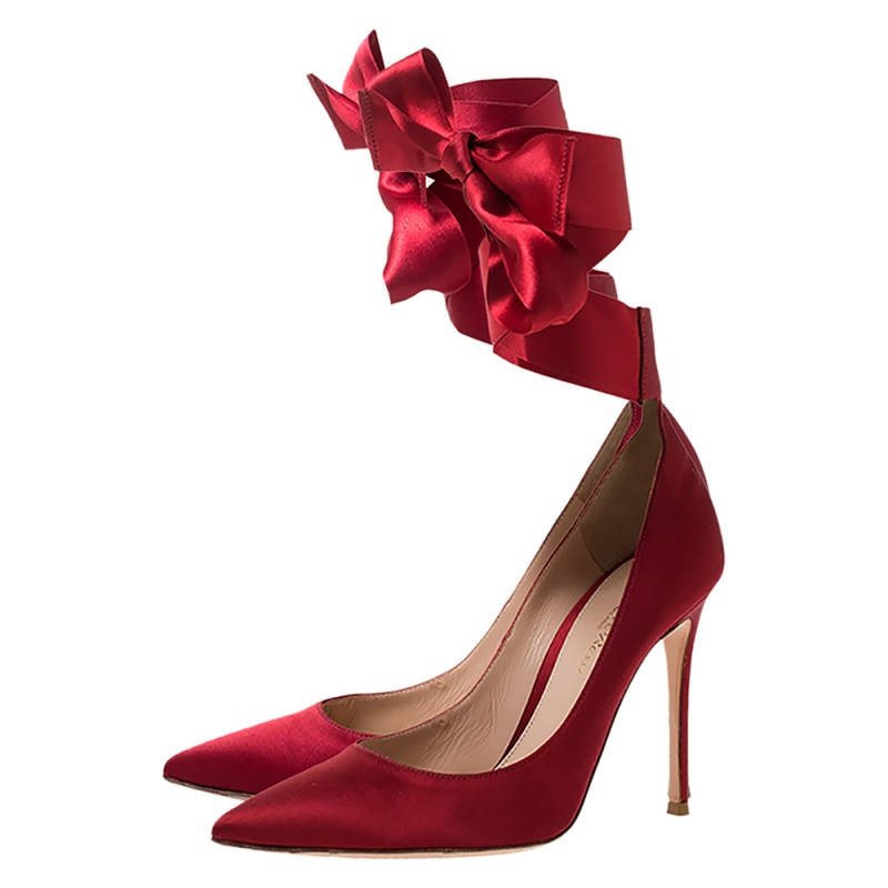 Gianvito Rossi Red Satin Gala Ankle Wrap Pumps Size 37