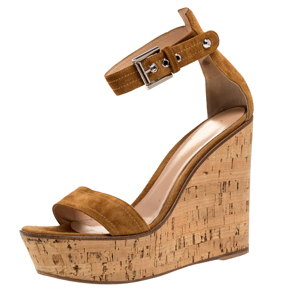 Image of Gianvito Rossi Brown Suede Leather Cork Wedge Platform Ankle Strap Sandals Size .