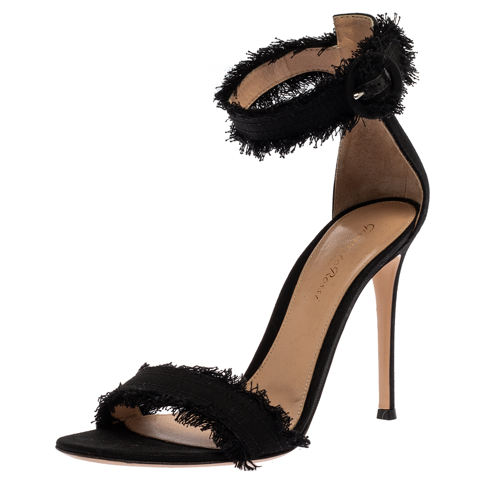 Image of Gianvito Rossi Black Canvas Lola Frayed Ankle Cuff Sandals Size