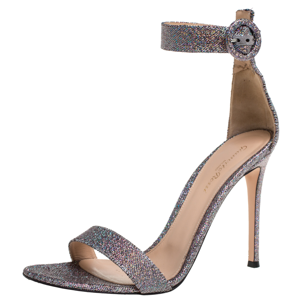 Image of Gianvito Rossi Multicolor Glitter Fabric Portofino Ankle Cuff Sandals Size .