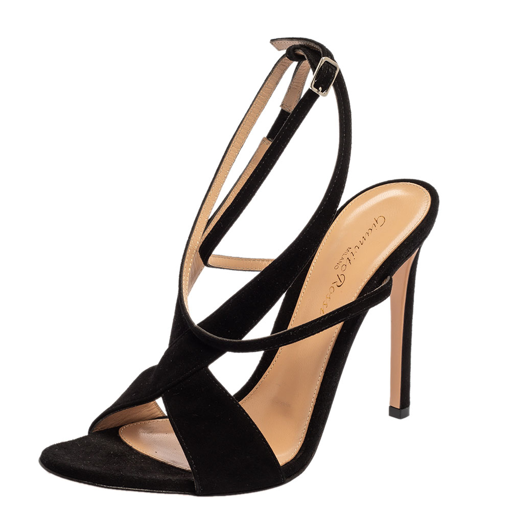 Image of Gianvito Rossi Black Suede Criss Cross Ankle strap Sandals Size