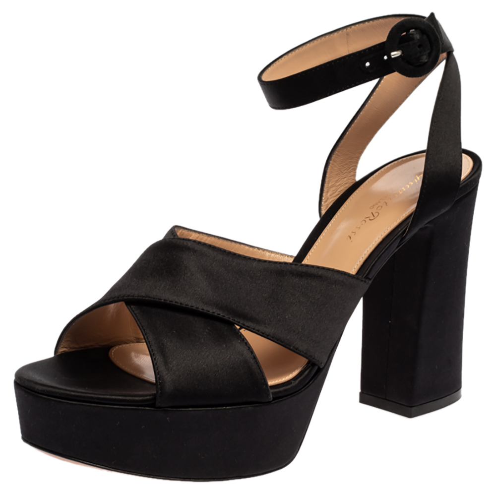 Image of Gianvito Rossi Black Satin Criss Cross Platform Sandals Size