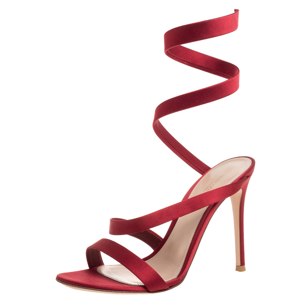 Image of Gianvito Rossi Red Satin Opera Open Toe Sandals Size .