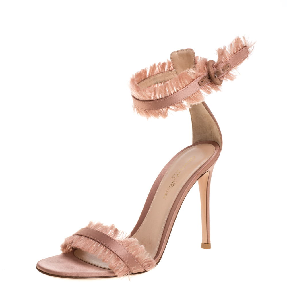 Image of Gianvito Rossi Beige Satin Caribe Fringe Trim Ankle Strap Sandals Size