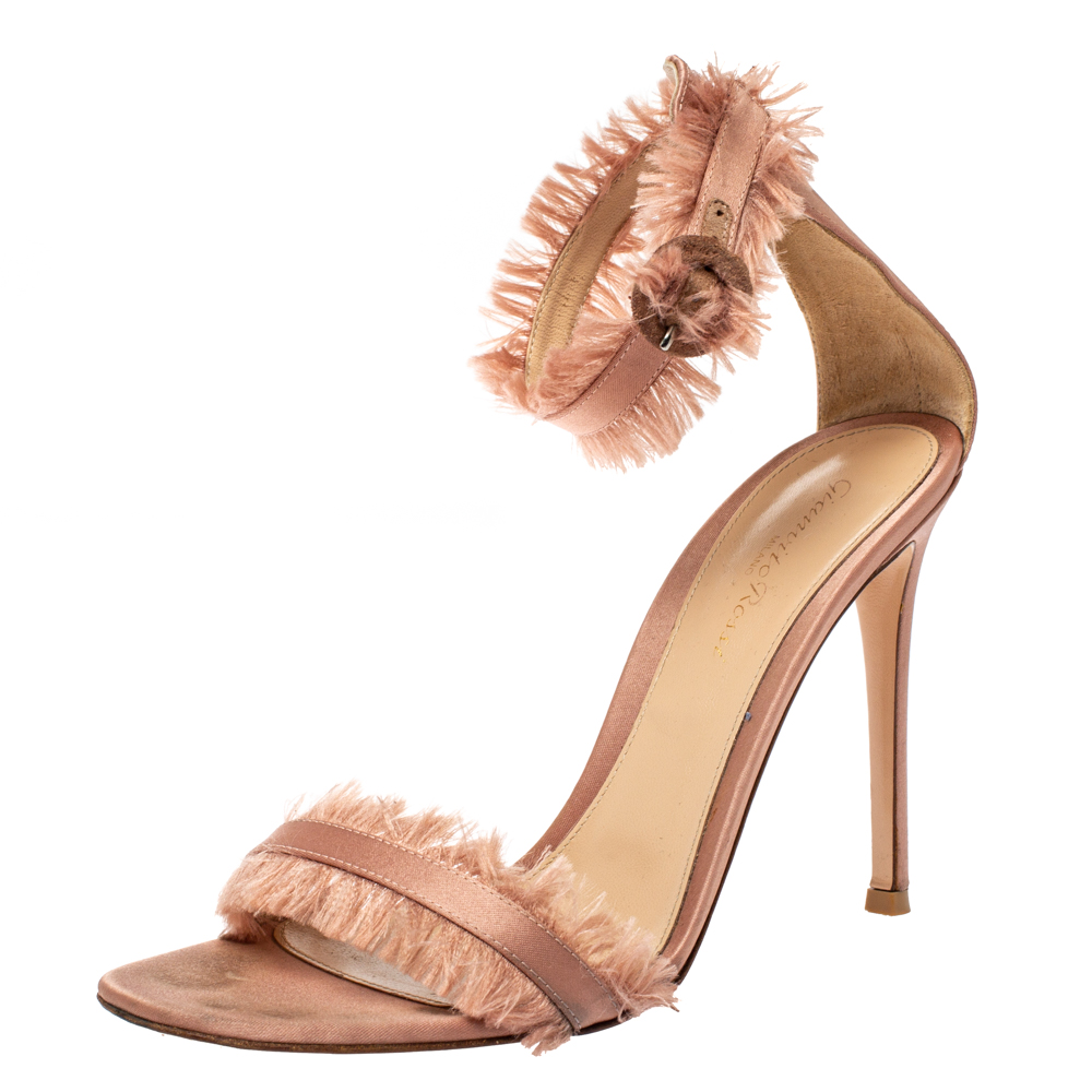 Image of Gianvito Rossi Blush Pink Satin Fringe Trim Caribe Ankle Strap Sandals Size