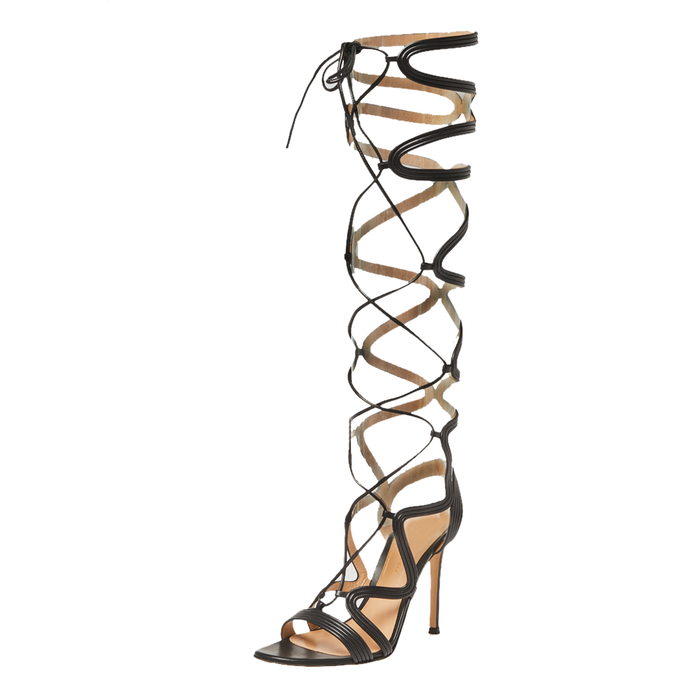 Image of Gianvito Black Leather Ankle Tie Sandals Size