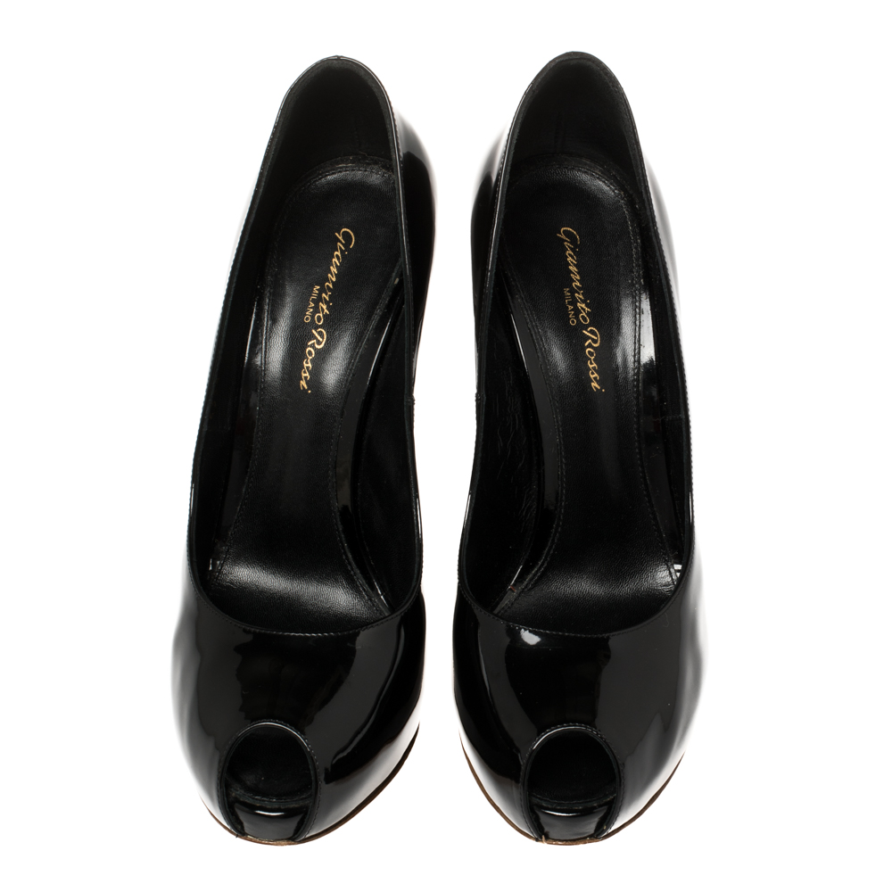 Gianvito Rossi Black Patent Leather Peep Toe Pumps Size 39.5