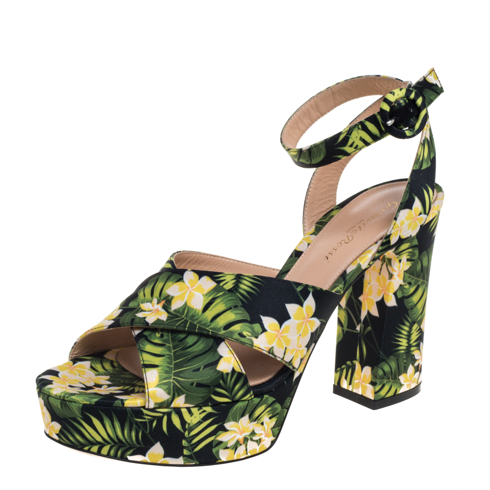 Gianvito Rossi Multicolor Printed Floral Satin Cross Strap Platform Sandals Size 39