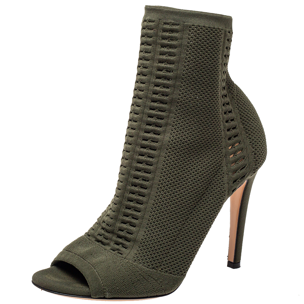 Gianvito Rossi Green Perforated Knit Fabric Ankle Boots Size 37.5
