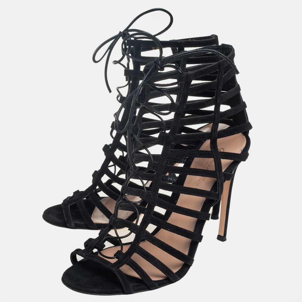 Gianvito Rossi Black Suede Caged Lace Up Sandals Size 39