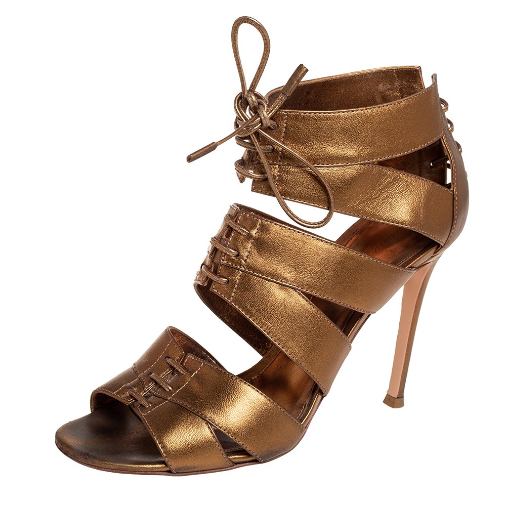 Gianvito Rossi Metallic Gold Leather Roxy Lace Up Caged Sandals Size 37.5