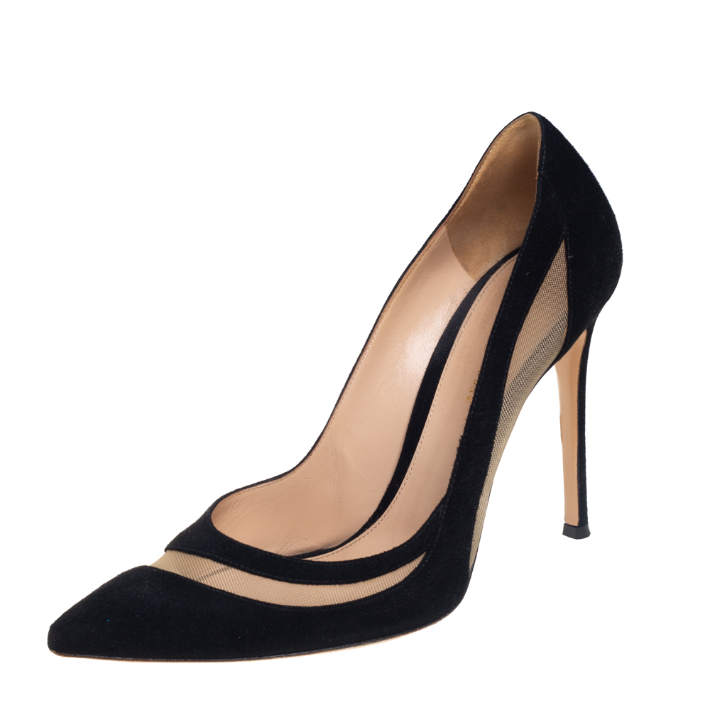 Gianvito Rossi Black Suede and Mesh Pointed Toe Pumps Size 39