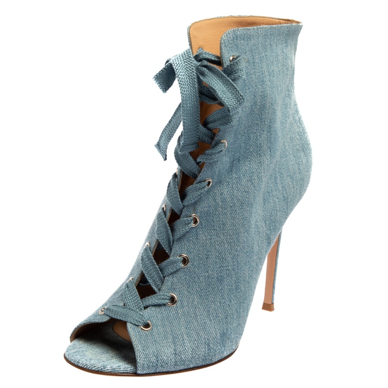 Gianvito Rossi Blue Denim Open Toe Lace Up Booties Size 41