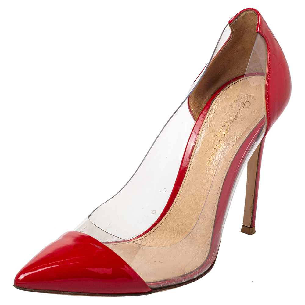 Gianvito Rossi Red Patent Leather And PVC Plexi Pointed Toe Pumps Size 38