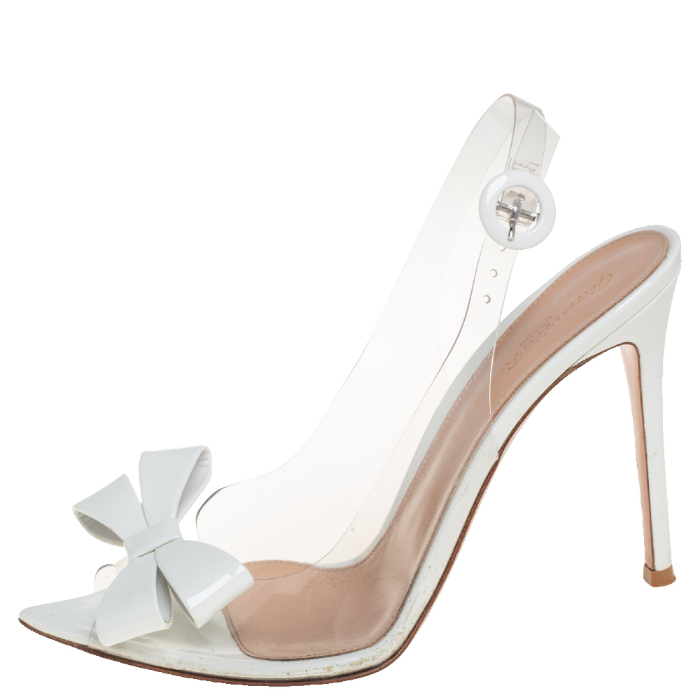 

Gianvito Rossi White PVC and Patent Leather Flexi Bow Slingback Peep Toe Pumps Size