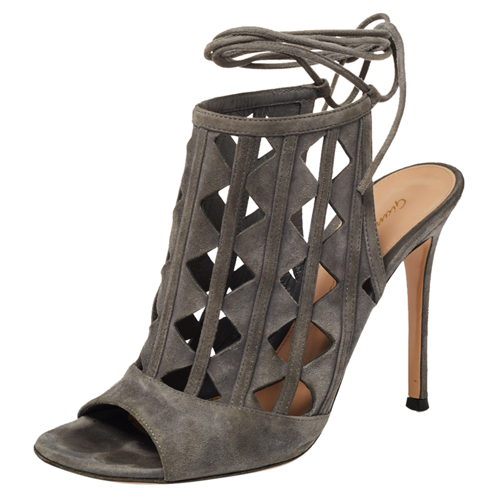 Gianvito Rossi Grey Suede Cutout Maxine Ankle Wrap Sandals Size 37.5