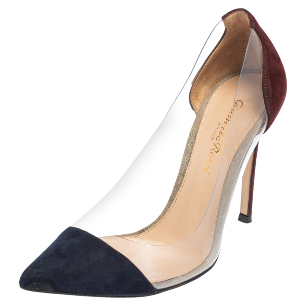 Gianvito Rossi Navy Blue/Maroon Suede and PVC Plexi Pointed Toe Pumps Size 35