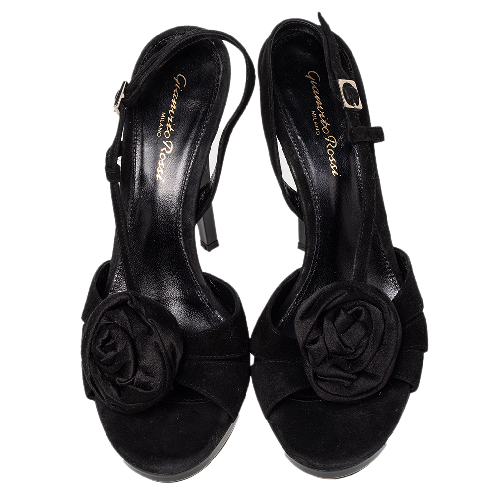 Gianvito Rossi Black Suede And Satin Flower Embellished Slingback Sandals Size 38