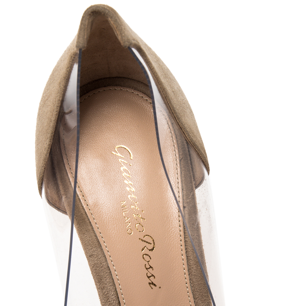 Gianvito Rossi Gold/Beige Suede, Leather And PVC Plexi Pointed Toe Pumps Size 36