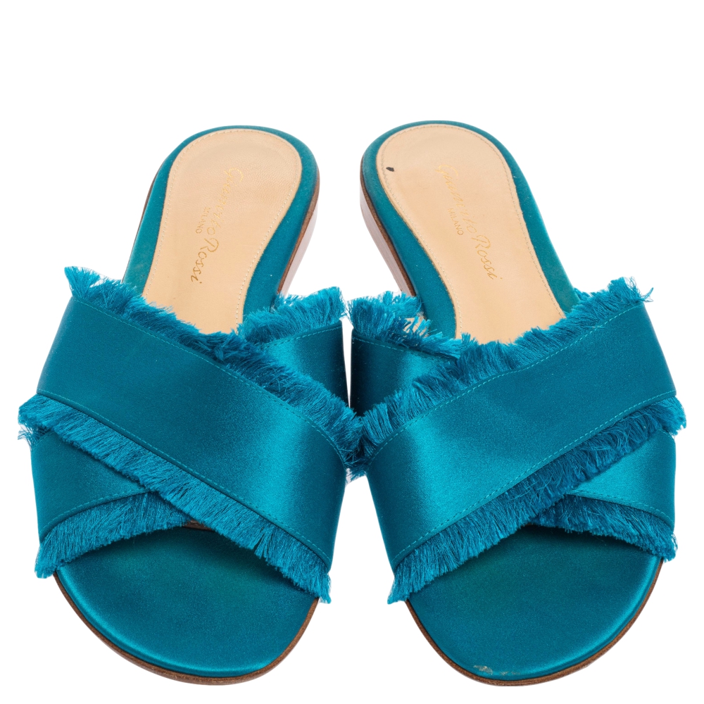 Gianvito Rossi Blue Satin Barth Flat Sandals Size 36.5