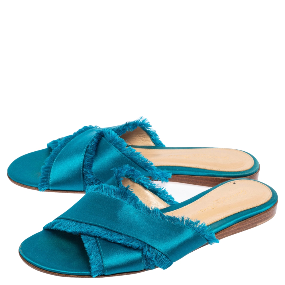Gianvito Rossi Blue Satin Barth Flat Sandals Size 36.5
