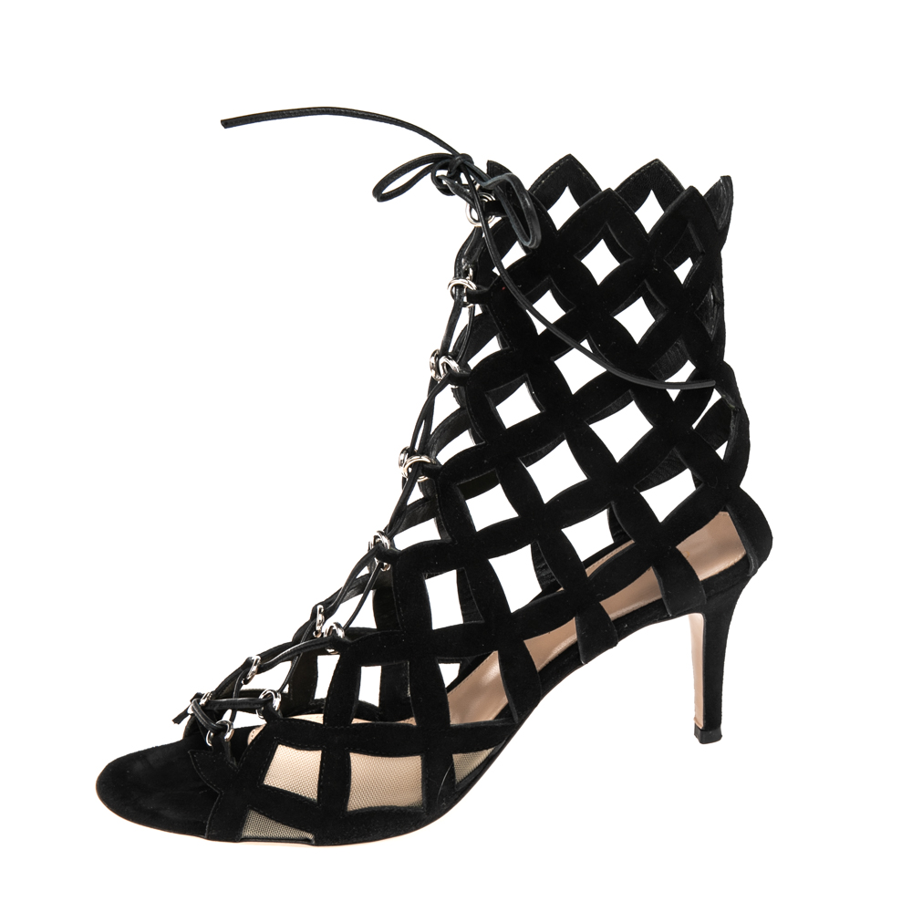 Gianvito Rossi Black Suede Cut Out Ankle Tie Sandals Size 
Gianvito Rossi Black Suede Cut Out Ankle Tie Sandals Size