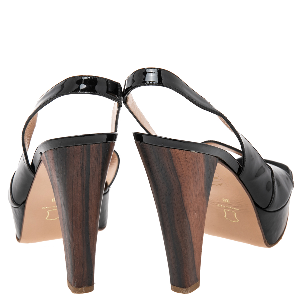 Gianvito Rossi Black Patent Leather Platform Slingback Wooden Heel Sandals Size 38
