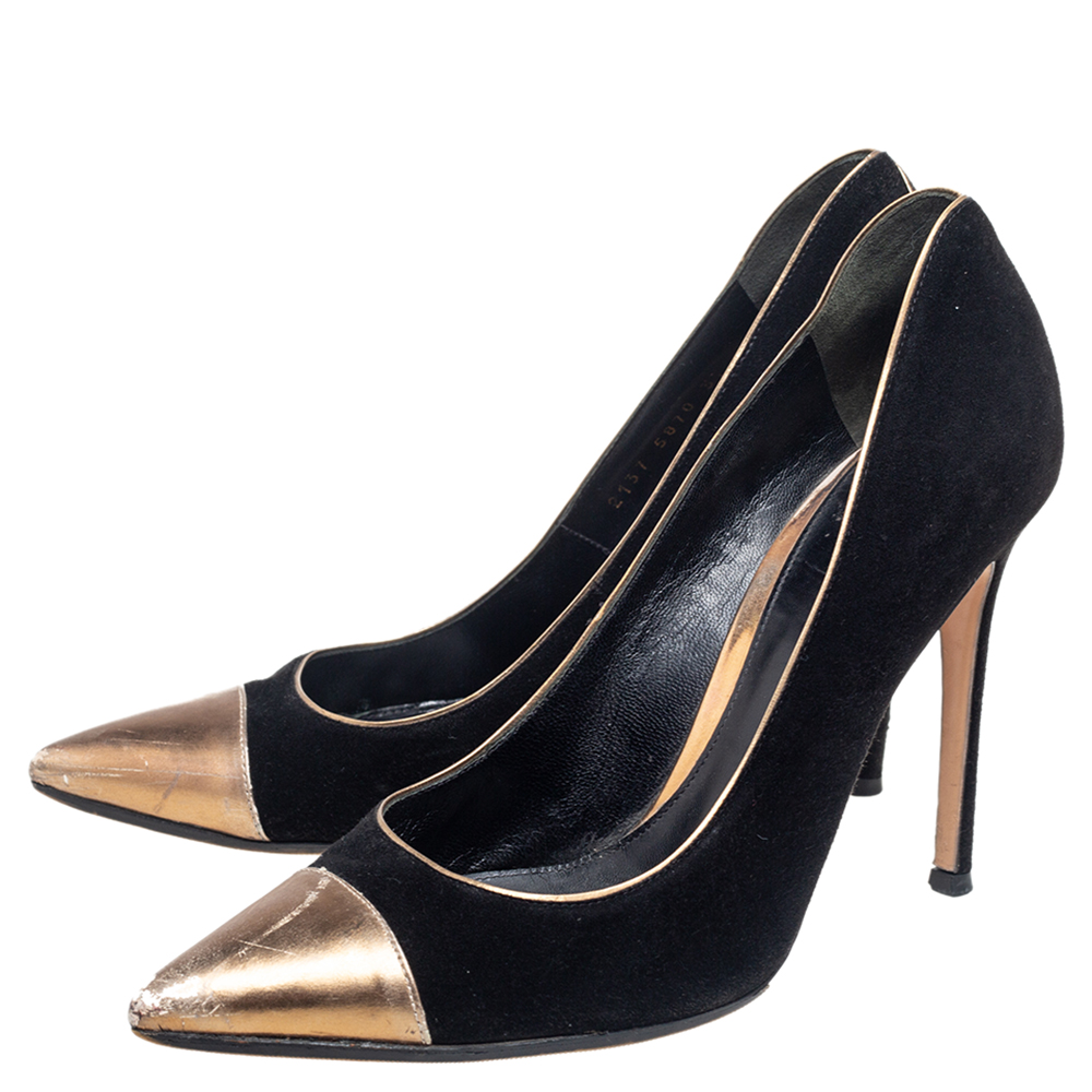 Gianvito Rossi Black/Gold Leather And Suede Cap Toe Pumps Size 37