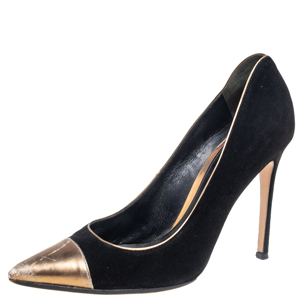 Gianvito Rossi Black/Gold Leather And Suede Cap Toe Pumps Size 37