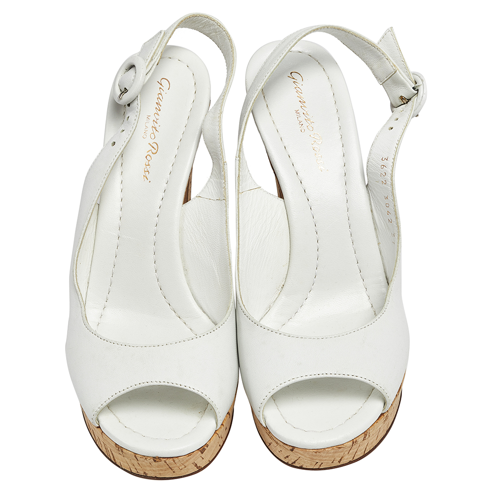 Gianvito Rossi White Leather Cork Platform Slingback Sandals Sie 37