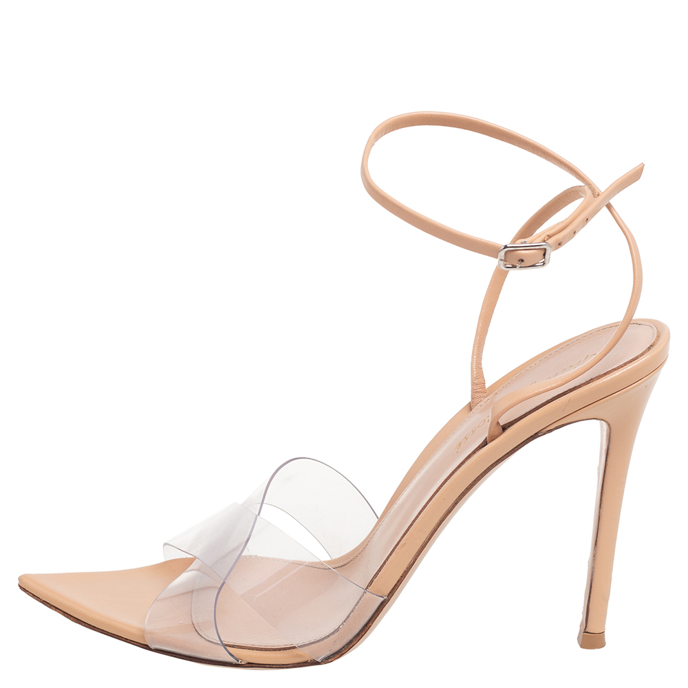 

Gianvito Rossi Beige Leather And PVC Plexi Stark Ankle Strap Sandals Size
