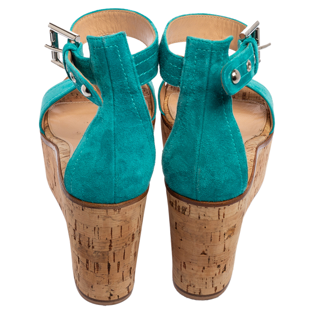 Gianvito Rossi Blue Suede  Cork Wedge Platform Ankle Strap Sandals Size 37