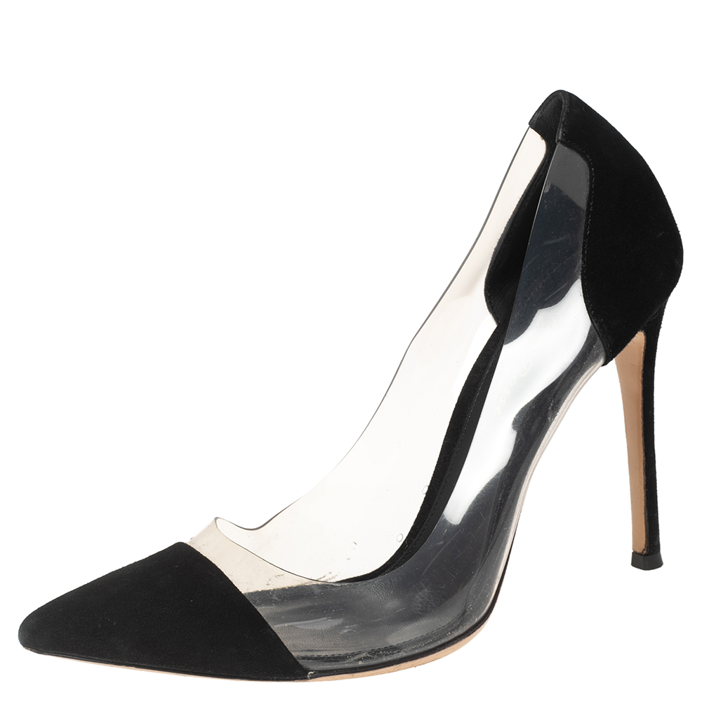 Gianvito Rossi Black  PVC And Suede Plexi Pointed Toe Pumps Size 38.5
