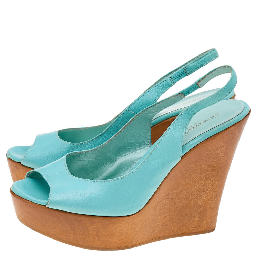 Gianvito Rossi Turquoise Leather Wedge Platform Slingback Sandals Size 38.5