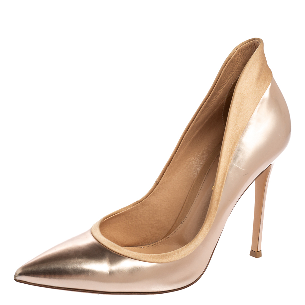 Gianvito Rossi Rose Gold/Beige Leather And Suede Pointed Toe Pumps Size 39