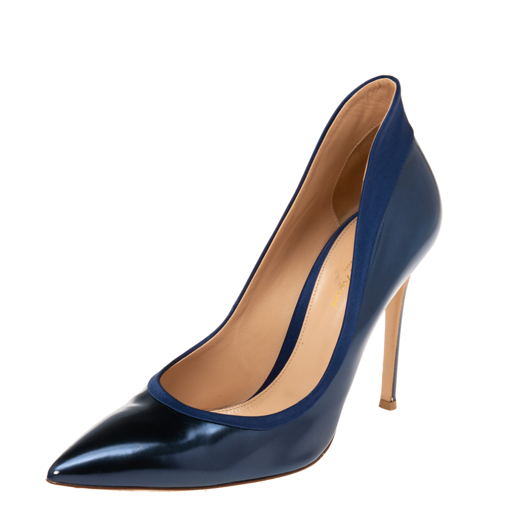 Gianvito rossi metallic blue patent and satin pointed toe pumps size 41